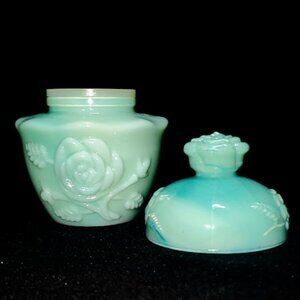 Vintage Avon Moonwind Jadeite Green Rose Powder Jar